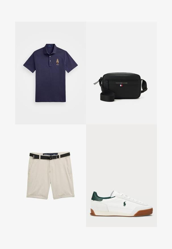 Polo Ralph Lauren CUSTOM SLIM POLO BEAR MESH POLO SHIRT - Polotričko - faded blue bear; Beige šortky s černým nastavitelným páskem. Vyrobeny z lehké tkaniny, s bočními kapsami a ohrnutými manžetami pro neformální vzhled. Velikost M.; Bílé tenisky se zelenými koženými akcenty a béžovou gumovou podrážkou. Vlastnosti zahrnují textilní tělo a výrazné logo na boku. Šněrovací design.; Černá krosová taška vyrobená z texturovaného materiálu, vybavená zipovou kapsou, nastavitelným popruhem a logem s tříbarevným akcentem.