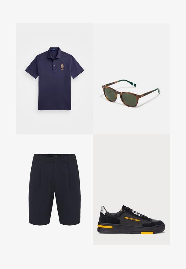 Polo Ralph Lauren CUSTOM SLIM POLO BEAR MESH POLO SHIRT - Polo krekls - faded blue bear; Jūras zilas austas šorti ar teksturētu audumu, piedāvājot brīvu griezumu, elastīgu jostu un priekšējām krokām. Vienkāršs dizains bez kabatām.; Melnas kedas ar zamša un sieta augšdaļu, dzelteniem akcentiem un resnu melnu zoli. Piesaista ar šņorēm un "POLO SPORT" zīmolu sānos.; Kameļu apvalka saulesbrilles ar zaļiem stikliem, noapaļota forma, zelta akcenti un tumši zaļas kājas ar baltu svītru.