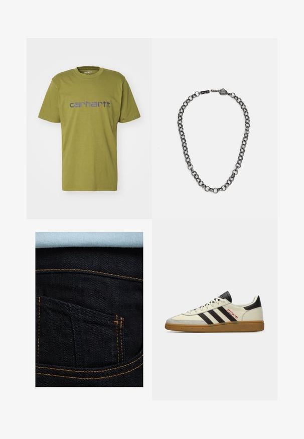 Olivgrünes Baumwoll-T-Shirt mit rundem Halsausschnitt und kurzen Ärmeln, mit einem blauen "carhartt."-Logo über der Brust.; Dunkelblaue Jeans aus Denim mit orangefarbenen Nähten, mit einer hinteren Tasche und einem hellblauen Hemd, das darüber sichtbar ist. Glatte Textur, klassisches Design.; Cremefarbene und schwarze Adidas Spezial Sneaker mit Gummisohle, schwarzen Streifen, roten Nähten und "Spezial" Branding an der Seite.; Metallkettengesicht mit verlängerten Gliedern in einer dunklen Graphitfarbe. Enthält ein geometrisches Akzent- und Verschlussdetail mit Markenlogo.