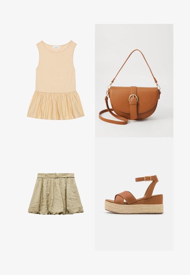 Sleeveless top with a fitted ribbed upper section in light beige and a flared, shiny, gathered skirt in a matching hue.; Pleated mini skirt in light beige fabric, featuring a wide waistband with a circular metal buckle, and a textured finish.; Brown platform sandals featuring a woven jute base, wide cross straps, and an ankle strap with a gold buckle. Smooth leather texture.; Brown leather crossbody bag with a curved shape, gold hardware, and a buckle accent. Features a detachable shoulder strap.