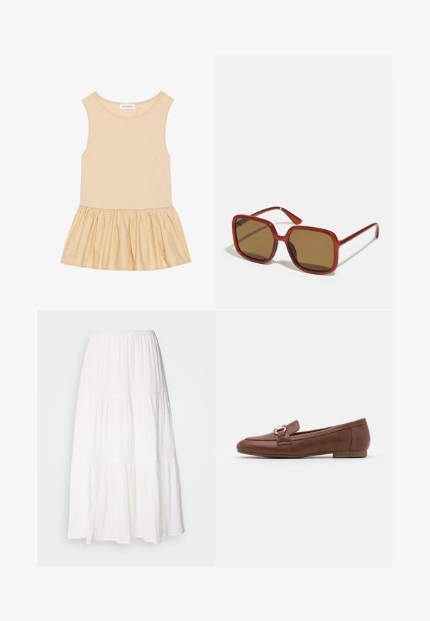 Haut sans manches avec une partie supérieure ajustée en maille côtelée de couleur beige clair et une jupe évasée, brillante et froncée dans une teinte assortie.; Jupe midi blanche à volants avec une taille smockée, en tissu léger et doux, avec une texture légèrement froissée.; Mocassins en cuir marron avec une semelle plate, un design surpiqué et un détail de boucle en ton doré sur la bride à travers le coup de pied.; Lunettes de soleil carrées rouges avec des verres teintés marron. Monture épaisse et brillante avec des branches fines et des détails mineurs sur le côté pour un intérêt visuel.; Sac bandoulière en cuir marron avec une forme incurvée, quincaillerie dorée et un accent en boucle. Comprend une bandoulière détachable.