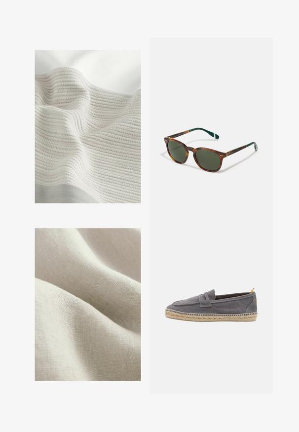 Struktureret stof med lysegrå og off-white striber. Blødt materiale med en bølget udseende, der fremhæver det vævede mønster og de bløde folder.; Lys beige linned stof med en tekstureret overflade, der viser bløde, flydende draperinger og et fint vævemønster.; Grå lærred slip-on sko med flettet jutesål og kontrasterende gul detalje på hælen, der har en glat tekstur og minimalistisk design.; Skildpaddemønstret solbriller med grønne linser, rund form, guld detaljer og mørkegrønne stænger med en hvid stribe.