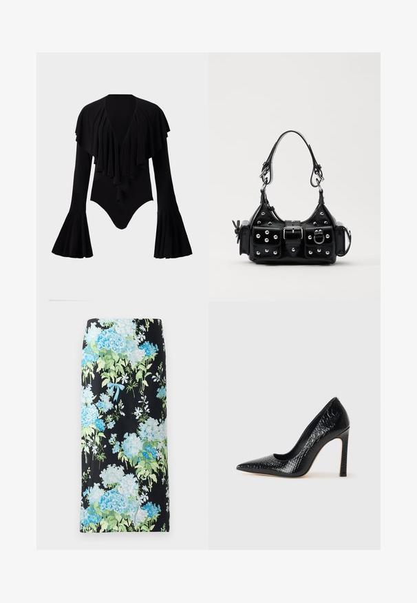 Czarny bodysuit z długim rękawem i głębokim dekoltem w kształcie V, z warstwowym designem falban na klatce piersiowej oraz rękawami dzwonami. Gładki, elastyczny materiał.; Spódnica ołówkowa w kwiaty z czarnego materiału, z dużymi niebieskimi i zielonymi hortensjami oraz małymi białymi kwiatami, podkreślona jasnoniebieską kokardą.; Czarne szpilki z ostrym noskiem, pokryte teksturą skóry krokodyla, charakteryzujące się eleganckim wzornictwem, wysokim obcasem w stylu stiletto oraz gładkim czarnym wnętrzem.; Czarna skórzana torebka w zakrzywionym kształcie, z srebrnymi ćwiekami, klamrą i dwoma bocznymi kieszeniami. Regulowany pasek umożliwiający różne opcje noszenia.