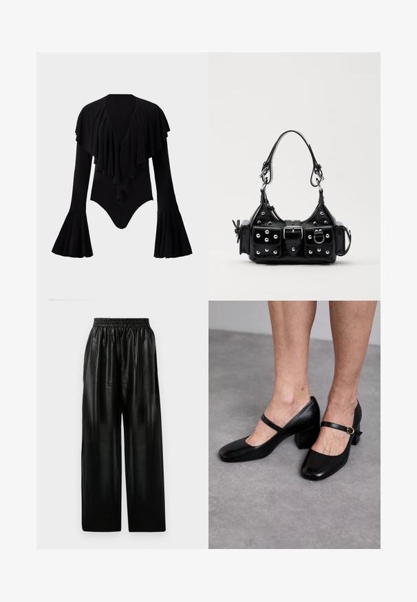Sort langærmet bodysuit med dyb V-hals, lagdelt flæse-design over brystet og klokkeærmer. Glat, strækbart stof.; Sorte læder brede bukser med elastisk talje, der har to sidelommer og en glat, blank overflade.; Stuart Weitzman Pumps - black; Sort læderhåndtaske med et buet design, prydet med sølvfarvede nitter, en spænde og to sidelommer. Justerbar rem til forskellige bære muligheder.