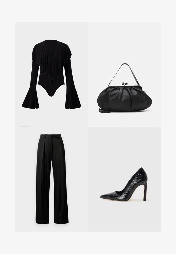 Črn bodi z dolgimi rokavi in globokim V-izrezom, ki ima večplastni dizajn volanov čez prsi ter zvonaste rokave. Gladek, elastičen material.; Črne široke hlače iz lahkega materiala s krojem, ki se prilega telesu, z zgornjimi pregibi in ravnim pasom z zankami.; Črne čevlje z visoko peto in konico v obliki puščice, z teksturo krokodilje kože, ki se ponašajo s sleek oblikovanjem, visokim stiletto peto in gladkim črnim notranjostjo.; Črna usnjena torbica za roke z zaobljeno, naborkano zasnovo. Opremljena je z metalnim zapiralom z dvema dekorativnima kroglicama in tankim, odstranljivim trakom.