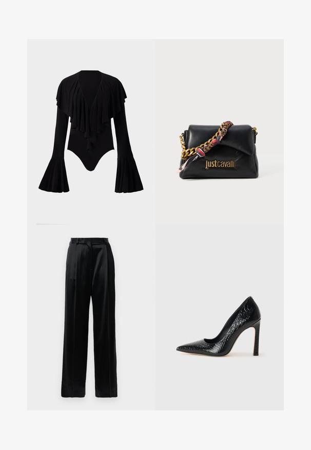 Body a maniche lunghe nero con scollatura a V profonda, design a strati con ruches sul petto e maniche a campana. Tessuto liscio e elastico.; Pantaloni in satin neri a vita alta con gambe larghe dritte, passanti per cintura e chiusura frontale piatta su uno sfondo bianco semplice.; Scarpa nera con punta a punta alta in pelle di coccodrillo, caratterizzata da un design elegante, alto tacco a spillo e interno nero liscio.; Borsa a mano in pelle nera con tracolla in catena dorata, caratterizzata da un accento in tessuto con motivo e un logo impresso sul fronte.