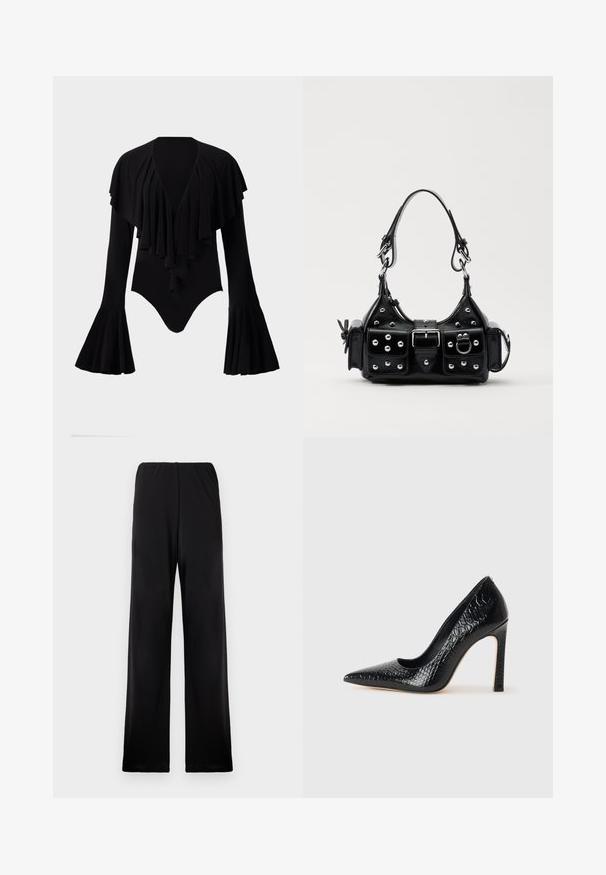 Sort langærmet bodysuit med dyb V-hals, lagdelt flæse-design over brystet og klokkeærmer. Glat, strækbart stof.; Sorte bredbenede bukser lavet af blødt stof, med en elastisk talje. Designet har en glat tekstur uden synlige mønstre eller accenter.; Sorte spidse tå stiletto-sko i krokodilleskind med et strømlinet design, høj hæl og glat sort inderside.; Sort læderhåndtaske med et buet design, prydet med sølvfarvede nitter, en spænde og to sidelommer. Justerbar rem til forskellige bære muligheder.