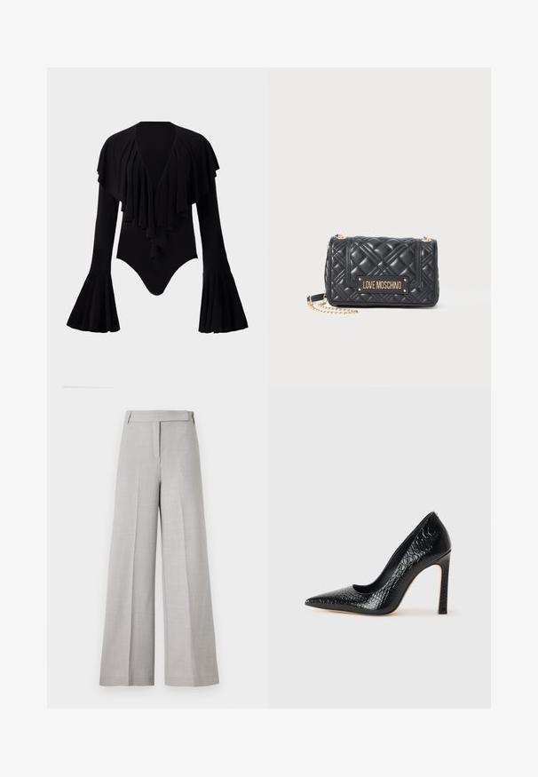 Schwarzer Langarm-Body mit tiefem V-Ausschnitt, geschichteten Rüschendesign über der Brust und Glockenärmel. Glatter, elastischer Stoff.; Helle graue weit geschnittene Hose aus einem glatten Material, mit einem taillierten Bund und einer vorderen Bügelfalte für einen eleganten Look.; Schwarzer, spitz zulaufender High Heel mit Krokodilleder-Struktur, elegantem Design, hohem Stiletto-Absatz und glattem schwarzen Innenraum.; Schwarze gesteppten Love Moschino Handtasche mit goldener Kettenriemen und goldener Markenlogo-Plakette auf der vorderen Klappe.