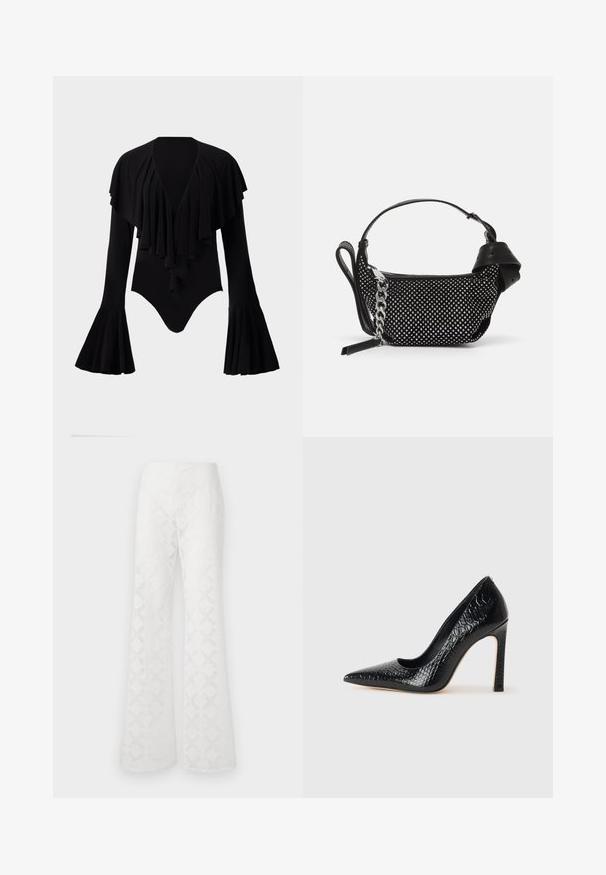 Body negru cu mâneci lungi, decolteu adânc în V, design cu volane suprapuse pe piept și mâneci evazate. Material neted și elastic.; Pantaloni albi evazați, confecționați dintr-un material texturat cu un model în diamante. Talie este netedă, fără accesorii sau elemente vizibile.; Pantofii cu toc înalt, ascuțiți, de culoare neagră, cu textură de piele de crocodil, având un design elegant, toc în stil stiletto și interior neted de culoare neagră.; Geantă neagră cu embellishments cu ținte, curea din lanț și mânere din piele netedă, având o formă rotundă și un compartiment cu fermoar.
