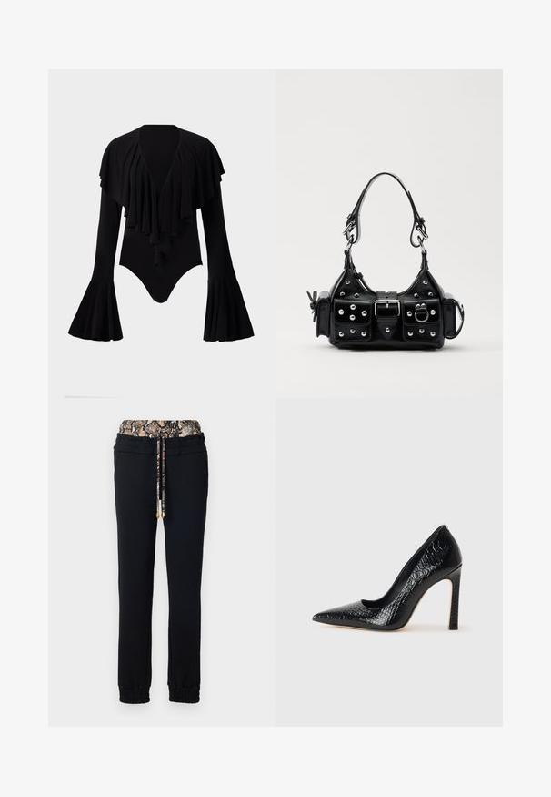 Melnas garās piedurknes bodijs ar dziļu V-veida izgriezumu, sagatavotu svītru dizainu pāri krūtīm un zvana formas piedurknēm. Gluda, elastīga auduma.; Melni sporta bikses ar elastīgu jostu un čūskas rakstu. Iekļauta aukliņa un elastīgi aproces.; Melni augstpapēžu apavi ar norādītu purngalu, ar krokodila ādas tekstūru, izceļoties ar elegantu dizainu, augstu stiletto papēdi un gludu melnu interjeru.; Melnas ādas rokturmais ar izliekumu, ar sudraba iedurtiem, sprādzi un divām sānu kabatām. Regulējams siksniņas garums dažādām nēsāšanas iespējām.