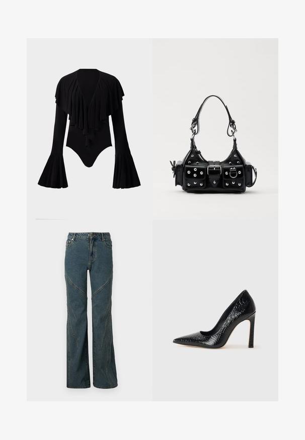 Black long-sleeve bodysuit with a deep V-neck, layered ruffle design across the chest, and bell sleeves. Smooth, stretchy fabric.; Blue denim jeans with a wide-leg design, featuring curved seam details and standard five-pocket styling. Unfinished hem at the bottom.; Black pointed-toe high heel shoe with a crocodile-skin texture, featuring a sleek design, high stiletto heel, and smooth black interior.; Black leather handbag with a curved design, featuring silver studs, a buckle, and two side pockets. Adjustable strap for carrying options.