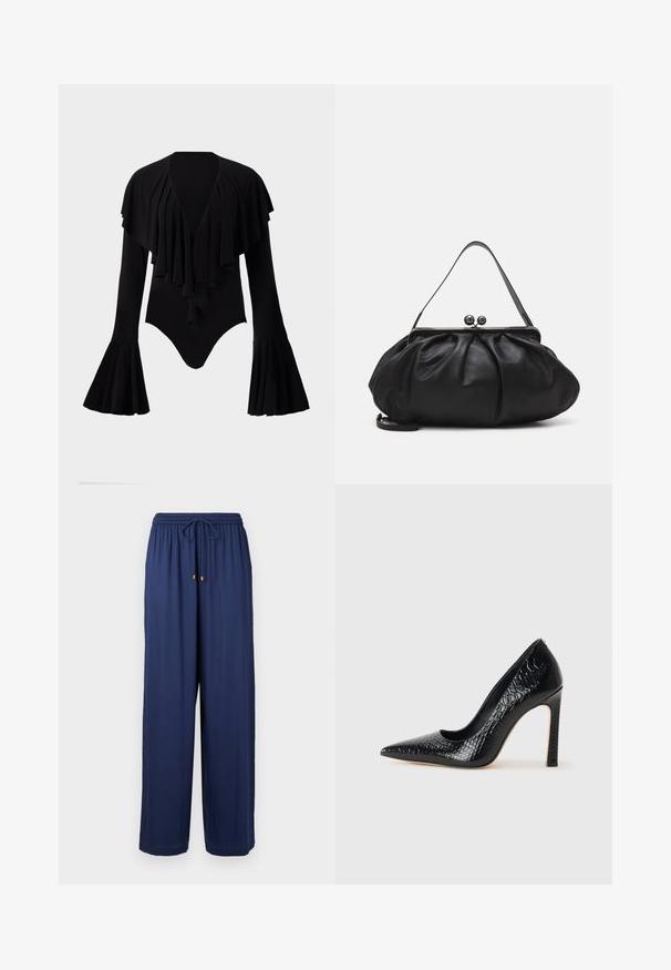 Must have pikka, pikad varrukad, sügava V-dekolteega, kihiliste volangidega disain rinnaosas ja kellukese varrukad. Sile, veniv kangas.; Tumesinine laiade jalgade püksid elastse vöökoha ja nööriga, millel on kuldmetallist aksessuaarid nööri otstes. Pehme kangast tekstuur.; Mustan teravaotsaga kõrge kontsaga king, millel on krokodillimustriga tekstuur, stiilne disain, kõrge stilettokonts ja sile must sisesisustus.; Must mustrida nahk-kott ümmarguse, kortsunud disainiga. Varustatud metallist klambriga, millel on kaks dekoratiivset palli ja õhuke, eemaldatav rihm.