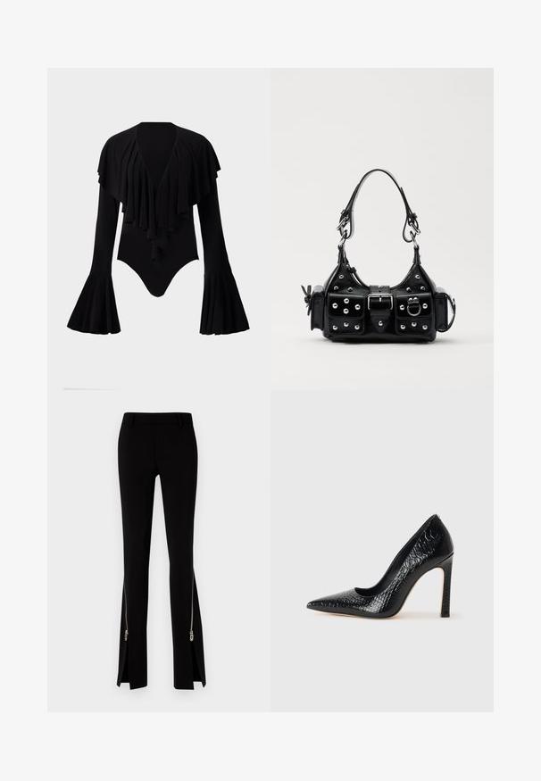 Must have pikka, pikad varrukad, sügava V-dekolteega, kihiliste volangidega disain rinnaosas ja kellukese varrukad. Sile, veniv kangas.; DSQUARED2 ICON TRUMPET PANT - Püksid - black; Mustan teravaotsaga kõrge kontsaga king, millel on krokodillimustriga tekstuur, stiilne disain, kõrge stilettokonts ja sile must sisesisustus.; Must värvi nahast käekott, millel on kaarjas disain, hõbedased nupukesed, kinnitusahe ja kaks külgtaskut. Reguleeritav rihm erinevate kandmisvõimaluste jaoks.