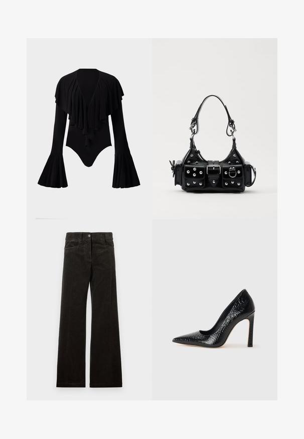 Bodysuit noir à manches longues avec un décolleté en V profond, un design à volants superposés sur la poitrine et des manches évasées. Tissu lisse et extensible.; Pantalons à jambes larges en velours côtelé noir, dotés de poches avant, d'une fermeture à bouton et d'une texture côtelée verticale. Tissu doux avec un léger éclat.; Escarpin noir à bout pointu avec texture en cuir de crocodile, présentant un design élégant, un haut talon aiguille et un intérieur noir lisse.; Sac à main en cuir noir au design courbé, avec des clous en argent, une boucle et deux poches latérales. Bandoulière réglable pour différentes options de transport.