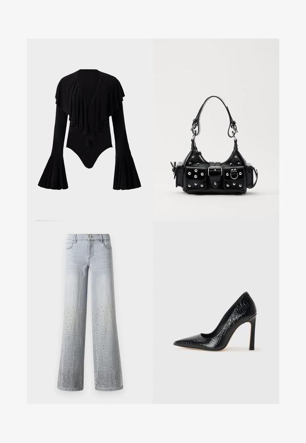 Crna bodi s dugim rukavima, dubokim V-izrezom, slojevitim volanima preko prsnog dijela i rukavima u obliku zvona. Glatka, elastična tkanina.; Svijetloplave traperice širokih nogavica s postupnim ombre efektom, ukrašene srebrnim studovima na donjem dijelu.; Crne visoke potpetice s oštrim prstima, od teksture krokodilske kože, elegantnog dizajna, visoke stiletto potpetice i glatkog crnog unutrašnjosti.; Crna kožna torba s zakrivljenim dizajnom, koja sadrži srebrne zakovice, kopču i dva bočna džepa. Podesiva traka za različite opcije nošenja.