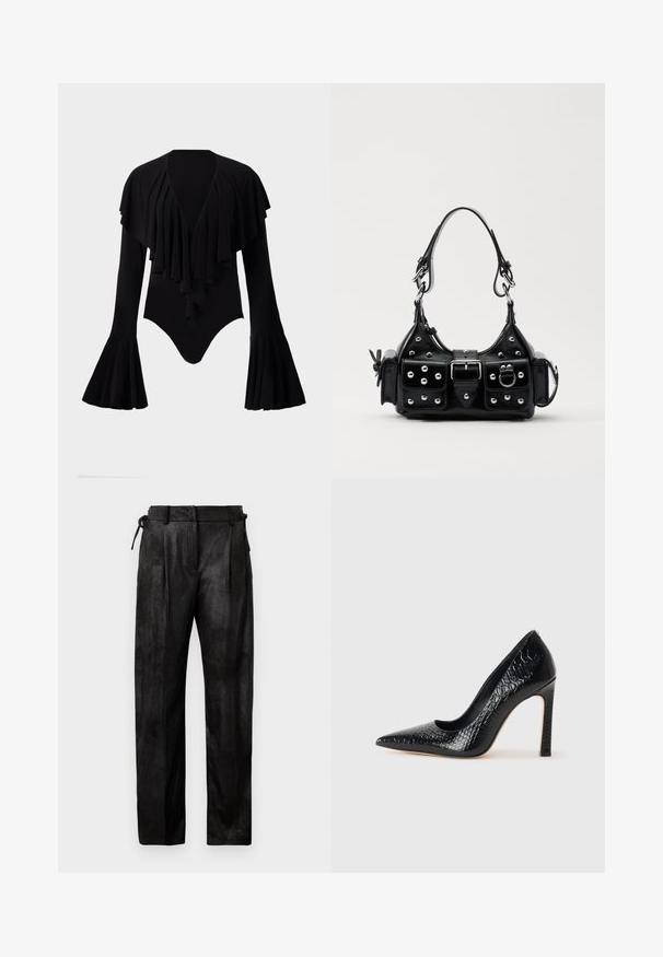 Czarny bodysuit z długim rękawem i głębokim dekoltem w kształcie V, z warstwowym designem falban na klatce piersiowej oraz rękawami dzwonami. Gładki, elastyczny materiał.; Czarnie, wysokiej talii spodnie wykonane z teksturowanego materiału. Posiadają proste nogawki, zaszewki oraz regulowany sznurek w talii.; Czarne szpilki z ostrym noskiem, pokryte teksturą skóry krokodyla, charakteryzujące się eleganckim wzornictwem, wysokim obcasem w stylu stiletto oraz gładkim czarnym wnętrzem.; Czarna skórzana torebka w zakrzywionym kształcie, z srebrnymi ćwiekami, klamrą i dwoma bocznymi kieszeniami. Regulowany pasek umożliwiający różne opcje noszenia.