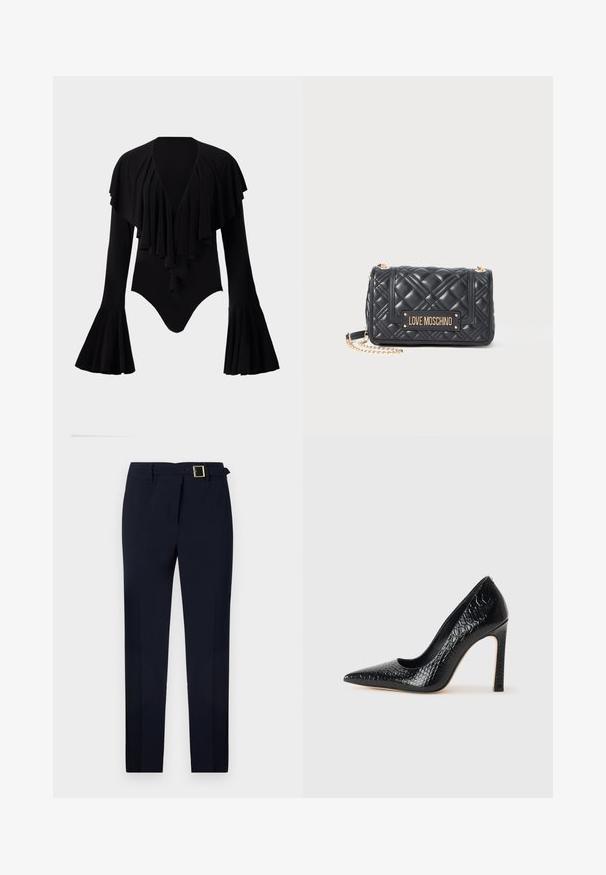 Must have pikka, pikad varrukad, sügava V-dekolteega, kihiliste volangidega disain rinnaosas ja kellukese varrukad. Sile, veniv kangas.; Tumed sinised püksid, mis on valmistatud siledast kangast, sirge lõikega, vöökohaga ja kuldse ruudukujulise nööbi aksessuaariga.; Mustan teravaotsaga kõrge kontsaga king, millel on krokodillimustriga tekstuur, stiilne disain, kõrge stilettokonts ja sile must sisesisustus.; Must mustriga Love Moschino käekott musta tikandiga, millel on kuldne kett ja kuldne kaubamärgi plaaster esimesel klapil.