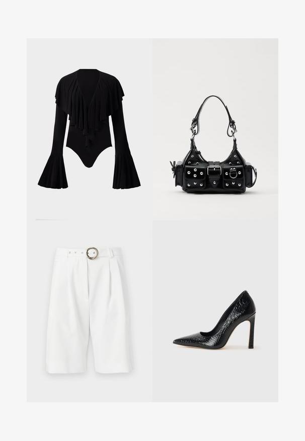 Black long-sleeve bodysuit with a deep V-neck, layered ruffle design across the chest, and bell sleeves. Smooth, stretchy fabric.; White tailored shorts with a wide fit, featuring a rope-patterned metal belt buckle, pleats, and a clean design. Smooth texture.; Black pointed-toe high heel shoe with a crocodile-skin texture, featuring a sleek design, high stiletto heel, and smooth black interior.; Black leather handbag with a curved design, featuring silver studs, a buckle, and two side pockets. Adjustable strap for carrying options.