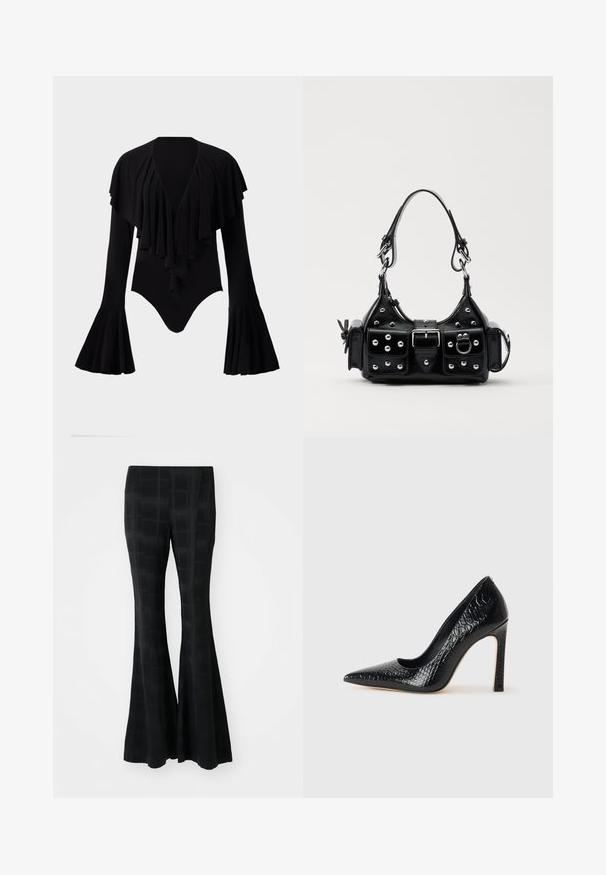 Body negro de manga larga con escote en V profundo, diseño de volantes en capas en el pecho y mangas acampanadas. Tela suave y elástica.; Pantalones acampanados negros hechos de un material suave, con un patrón a cuadros que crea una textura sutil y un ajuste entallado.; Zapato de tacón alto negro con punta afilada y textura de piel de cocodrilo, que presenta un diseño elegante, un alto tacón de aguja y un interior negro suave.; Bolso de mano de cuero negro con un diseño curvado, que cuenta con tachuelas plateadas, una hebilla y dos bolsillos laterales. Correa ajustable para opciones de transporte.