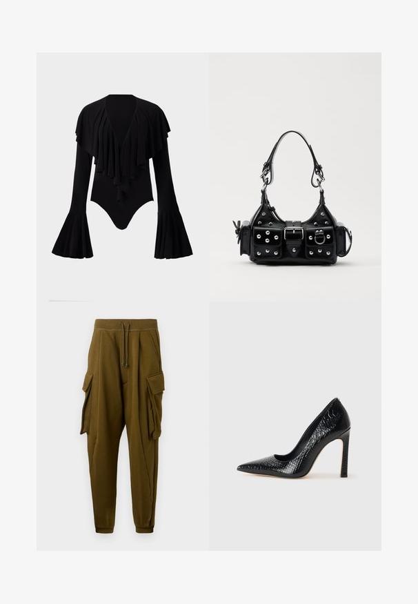 Schwarzer Langarm-Body mit tiefem V-Ausschnitt, geschichteten Rüschendesign über der Brust und Glockenärmel. Glatter, elastischer Stoff.; Olivengrüne Jogginghosen mit Kordelzugbund, zwei große Cargo-Taschen mit Klappen an jeder Seite und gerippten Knöcheln.; Schwarzer, spitz zulaufender High Heel mit Krokodilleder-Struktur, elegantem Design, hohem Stiletto-Absatz und glattem schwarzen Innenraum.; Schwarze Lederhandtasche mit einem geschwungenen Design, verziert mit silbernen Nieten, einer Schnalle und zwei seitlichen Taschen. Verstellbarer Träger für verschiedene Tragemöglichkeiten.