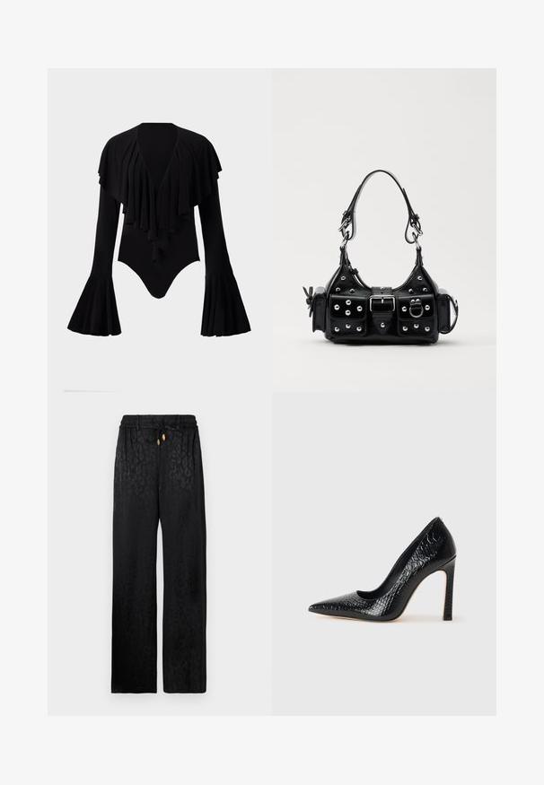 Melnas garās piedurknes bodijs ar dziļu V-veida izgriezumu, sagatavotu svītru dizainu pāri krūtīm un zvana formas piedurknēm. Gluda, elastīga auduma.; Melnas platās bikses izgatavotas no gludas auduma ar smalku leopardu rakstu, ar elastīgu jostas vietu un regulējamu aukliņu.; Melni augstpapēžu apavi ar norādītu purngalu, ar krokodila ādas tekstūru, izceļoties ar elegantu dizainu, augstu stiletto papēdi un gludu melnu interjeru.; Melnas ādas rokturmais ar izliekumu, ar sudraba iedurtiem, sprādzi un divām sānu kabatām. Regulējams siksniņas garums dažādām nēsāšanas iespējām.