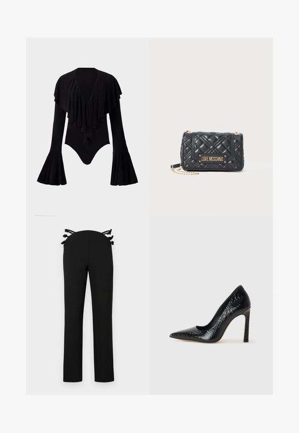 Juodas ilgomis rankovėmis bodis su giliu V formos iškirpimu, sluoksniuota volanų dizainu per krūtinę ir platėjančiomis rankovėmis. Lygus, tamprus audinys.; Juodi kelnių su tiesiu sijonu dizainu, turintys juosmenį su juodais kaspinų akcentais gale. Lygus audinys be matomų raštų.; Juoda smailiakulnė aukšto kulno bateliai su krokodilo odos tekstūra, pasižymintys elegantišku dizainu, aukštu stiletu kulnu ir lygia juoda vidine dalimi.; Juoda siūta Love Moschino rankinė su auksine grandine ir auksiniu prekės ženklo plakatu ant priekinių durelių.