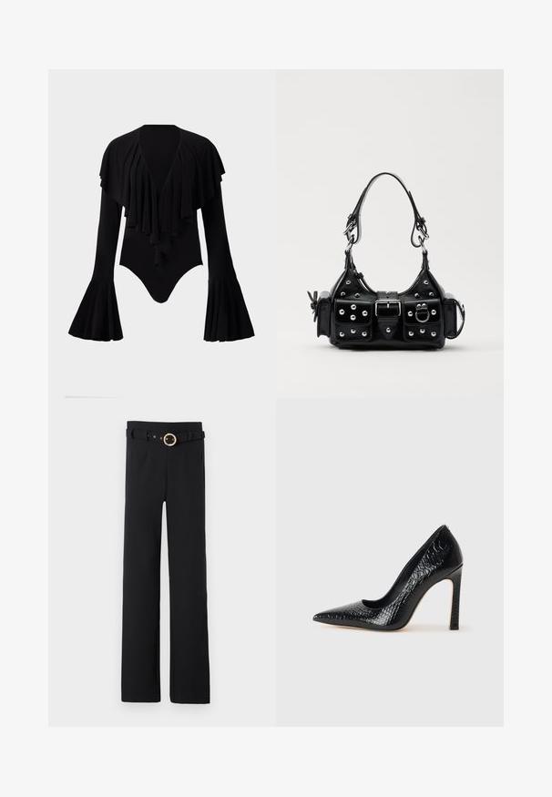 Čierny bodysuit s dlhým rukávom a hlbokým V-výstrihom, s vrstveným systémom volánov cez hruď a zvonovými rukávmi. Hladká, elastická tkanina.; Čierne široké nohavice s textúrovanou tkaninou, s opaskom a zlatou kruhovou prackou a bočnými vreckami.; Čierna lodička s špicatou špičkou a lakovanou textúrou krokodíla, s elegantným dizajnom, vysokým stiletto podpätkom a hladkým čiernym interiérom.; Čierna kožená kabelka s zakriveným dizajnom, doplnená striebornými cvočkami, prackou a dvoma bočnými vreckami. Nastaviteľný popruh poskytuje rôzne možnosti nosenia.