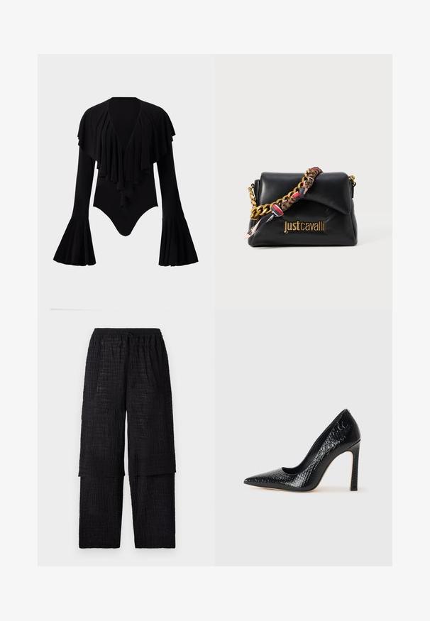 Musta pitkähihainen body, jossa on syvä V-aukko, kerroksellinen röyhelömuotoilu rinnassa ja kellohihat. Sileä, joustava kangas.; Henrik Vibskov SHANTS PANTS - Housut - black; Musta kapea nilkkakorkokenkä krokotiilin nahkakuviolla, joka on varustettu tyylikkäällä muotoilulla, korkealla stiletto-korkealla ja sileällä mustalla sisäosalla.; Musta nahkalaukku, jossa on kultaketjuolkaimia, kuvioitu kangasviimeistely ja etupuolella kohokuvioitu logo.