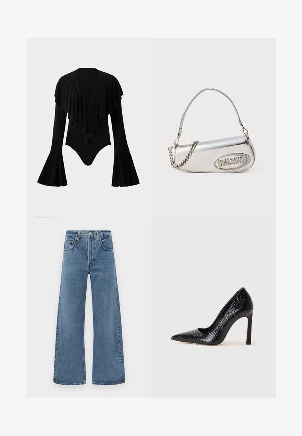 Crna bodi s dugim rukavima, dubokim V-izrezom, slojevitim volanima preko prsnog dijela i rukavima u obliku zvona. Glatka, elastična tkanina.; Široke, plave traperice s klasičnim pet džepova, zatvaranjem na dugme i izbljeđenom teksturom, s rubovima koji nisu obrađeni.; Crne visoke potpetice s oštrim prstima, od teksture krokodilske kože, elegantnog dizajna, visoke stiletto potpetice i glatkog crnog unutrašnjosti.; Srebrna metalik torba s zaobljenim trokutastim oblikom, s logotipom, lančićem za nošenje i glatkom teksturom. Zatvaranje na patentni zatvarač sa strane.