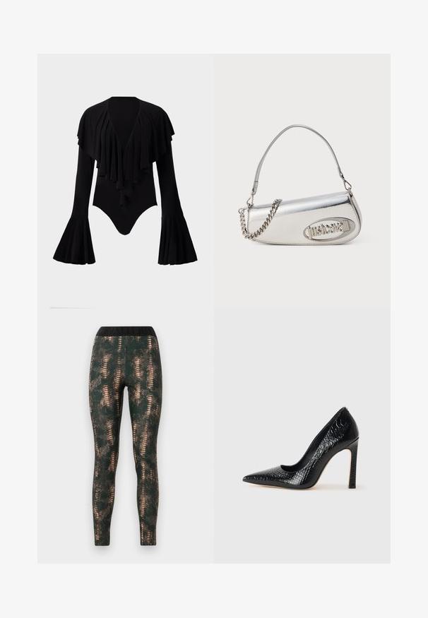 Černý bodysuit s dlouhým rukávem a hlubokým výstřihem do V, s vrstveným designem volánů na hrudi a zvonovými rukávy. Hladká, elastická tkanina.; Těsné legíny v tmavě zelené barvě s hadím vzorem, s širokým černým pasem a vyraženým názvem značky.; Černý lodičkový bot s špičatou špičkou, pokrytý texturou krokodýlí kůže, s elegantním designem, vysokým stiletto podpatkem a hladkým černým interiérem.; Stříbrná metalická kabelka s zaobleným trojúhelníkovým tvarem, obsahující logo, řetízkový popruh a hladký povrch. Uzávěr na zip na boku.