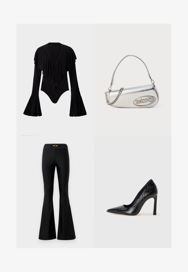 Juodas ilgomis rankovėmis bodis su giliu V formos iškirpimu, sluoksniuota volanų dizainu per krūtinę ir platėjančiomis rankovėmis. Lygus, tamprus audinys.; Juodos išsiplėtusios kelnės su lygiu paviršiumi, turinčios prigludusią juosmenį ir auksinę apvalią įdėklą priekyje. Pagamintos iš elastingos medžiagos.; Juoda smailiakulnė aukšto kulno bateliai su krokodilo odos tekstūra, pasižymintys elegantišku dizainu, aukštu stiletu kulnu ir lygia juoda vidine dalimi.; Sidabrinė metalinė rankinė apvalios trikampio formos, su logotipu, grandeline juosta ir lygiu paviršiumi. Užtrauktukas šone.