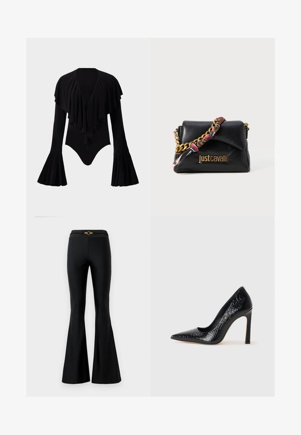 Juodas ilgomis rankovėmis bodis su giliu V formos iškirpimu, sluoksniuota volanų dizainu per krūtinę ir platėjančiomis rankovėmis. Lygus, tamprus audinys.; Juodos išsiplėtusios kelnės su lygiu paviršiumi, turinčios prigludusią juosmenį ir auksinę apvalią įdėklą priekyje. Pagamintos iš elastingos medžiagos.; Juoda smailiakulnė aukšto kulno bateliai su krokodilo odos tekstūra, pasižymintys elegantišku dizainu, aukštu stiletu kulnu ir lygia juoda vidine dalimi.; Juodas odinis rankinukas su auksiniu grandininiu dirželiu, puošiamas raštuoto audinio akcentu, su logotipu iškiliais rašmenimis priekyje.