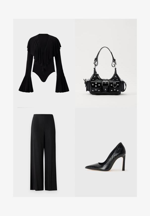 Zwarte long-sleeve body met een diepe V-hals, gelaagde ruches op de borst en klokmouwen. Glad, rekbaar materiaal.; Zwarte, wijde broek van gladde stof, met een hoge tailleband en geen zichtbare zakken of hardware. Vloerlange stijl.; Zwarte puntige hoge hak schoen met een krokodillenleren textuur, met een slank ontwerp, hoge stiletto-hak, en een gladde zwarte binnenkant.; Zwarte lederen handtas met een gebogen ontwerp, voorzien van zilveren studs, een gesp en twee zijvakken. Verstelbare schouderband voor verschillende draagmogelijkheden.