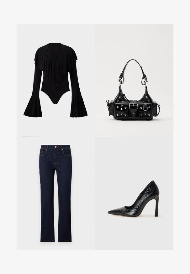 Črn bodi z dolgimi rokavi in globokim V-izrezom, ki ima večplastni dizajn volanov čez prsi ter zvonaste rokave. Gladek, elastičen material.; Temno modri jeans s ravnim krojem, z zlatim gumbom in oranžnim šivanjem. Vsebuje sprednje žepe in klasičen pas.; Črne čevlje z visoko peto in konico v obliki puščice, z teksturo krokodilje kože, ki se ponašajo s sleek oblikovanjem, visokim stiletto peto in gladkim črnim notranjostjo.; Črna usnjena torbica s ukrivljenim dizajnom, ki vsebuje srebrne žebljičke, zaponko in dve stranski žepki. Nastavljiv trak za različne možnosti nošenja.