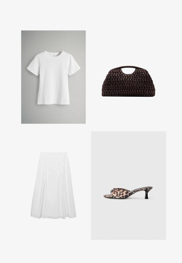 Witte korte mouw t-shirt van zacht katoen. Bevat een ronde halslijn en een rechte snit, met minimale stikdetails en geen patronen.; Witte midi-rok van katoen, met een zachte textuur, gerimpelde details aan de zijkanten en een aansluitende tailleband voor een vloeiende silhout.; Luipaardprint muiltjes met een lage, zwarte stilettohak. Bovenwerk van zacht materiaal met een knoopdetail aan de voorkant en een gladde, platte zool.; Geweven bruin handtas met een ronde silhouet, voorzien van een bovenhandvat en een gestructureerde oppervlakte. Compact ontwerp met een platte basis voor stabiliteit.