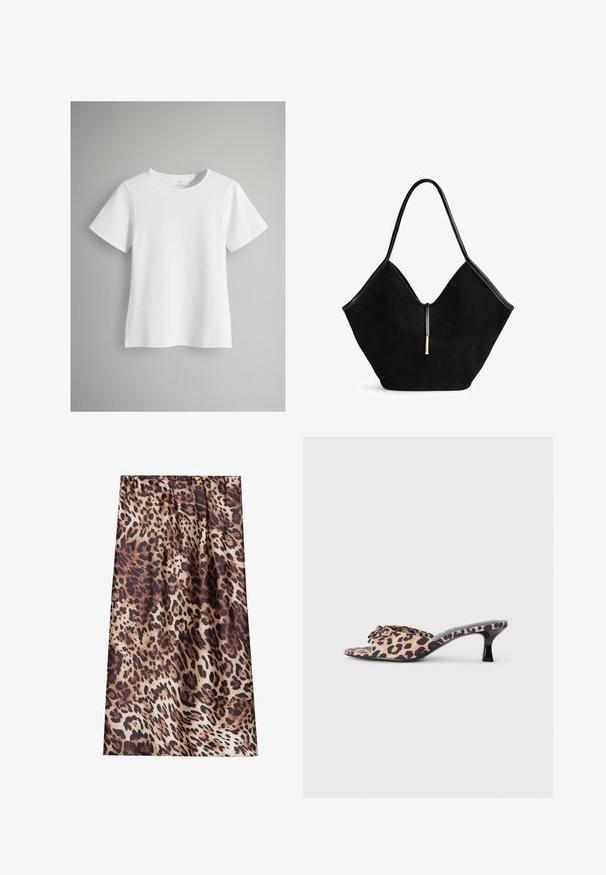 Bela majica s kratkimi rokavi, izdelana iz mehke bombažne tkanine. Ima krojen ovratnik in raven kroj, z minimalnimi šivi in brez vzorcev.; Tkanina s leopardjim vzorom v rjavih a črnih pikah na bež ozadju, mehak texture in designom s nabranim pasom.; Mule z vzorcem leopardje z nizko črno stiletto peto. Zgornji del iz mehke tkanine z detajlom vozla spredaj in gladkim ravnim podplatom.; Črna semiš torba s V-oblikovanim dizajnom, ravnimi ročaji in zlatim zadrgo. Mehak material, minimalistični stil in brez vidne strojne opreme.