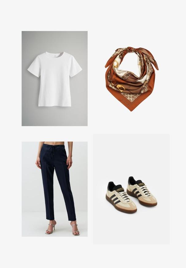 Witte korte mouw t-shirt van zacht katoen. Bevat een ronde halslijn en een rechte snit, met minimale stikdetails en geen patronen.; Navy linnenmix broeken met een trekkoord in de taille, rechte pijpen en voorplooien. De broek heeft een zachte textuur en een strakke uitstraling.; Beige suède sportschoenen met zwarte leren accenten, witte veters en een bruine rubberen zool. Drie zwarte strepen aan elke kant.; Zijden sjaal met een bruin en crème patroon, met gouden accenten. Afgewerkte randen en een merklabel "COACH" in de hoek. Driehoekige vorm.; Zwarte suède tote bag met een V-vormig ontwerp, platte handvatten en een gouden accent rits. Zacht van textuur, minimalistische stijl en geen zichtbare hardware.