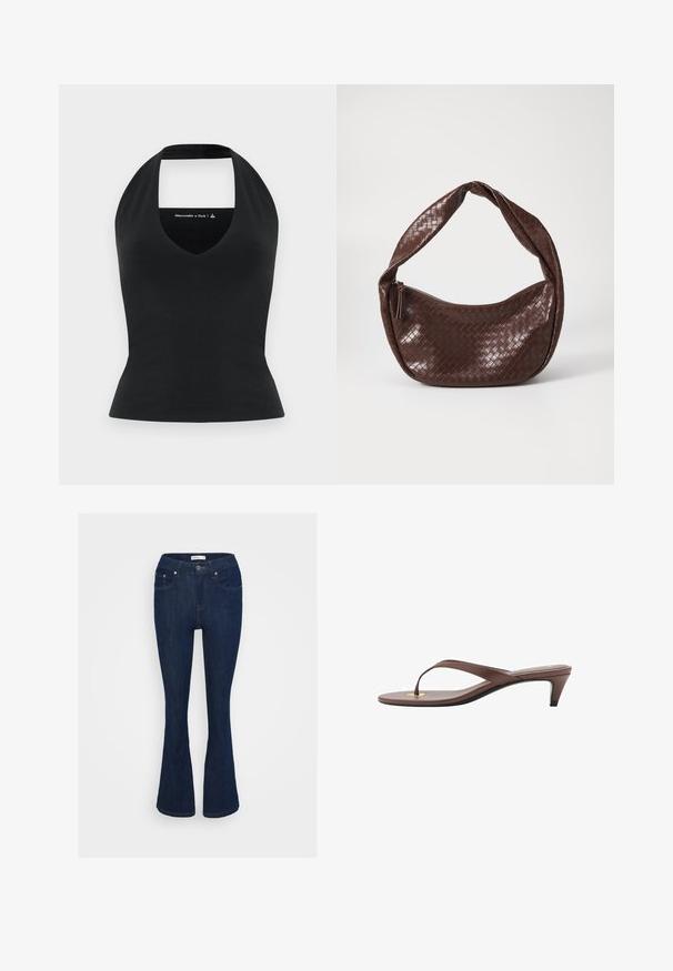Sort halterneck-top med dyb V-udskæring og åben ryg, lavet af et glat materiale, tætsiddende silhuet, minimal branding i en kontrastfarve.; Mørkeblå denim flared jeans med et klassisk fem-lomme design, metal knaplukning og syninger på lommerne.; Brune hælflip-flop sandal med en slank rem og rund tåpost, der har et lille guldaccent på fodsengen.; Brun vævet lædertaske med et buet, knyttet håndtag og en lynlås lukning. Glat tekstur og rund form.