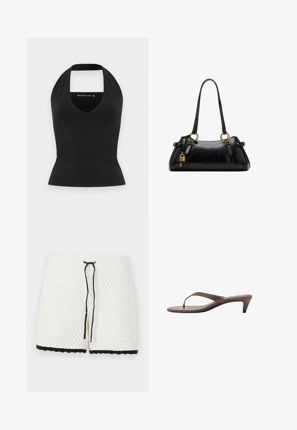 Czarny top na ramiączkach z głębokim dekoltem w kształcie litery V i odkrytymi plecami, wykonany z gładkiego materiału, dopasowany krój, minimalne logo w kontrastowym kolorze.; Białe dzianinowe szorty z teksturowanym, diamentowym wzorem. Posiadają czarny sznurek w talii oraz czarną falbaniastą lamówkę na dole.; Brązowe sandały na obcasie w stylu klapek z wąskim paskiem i zaokrąglonym palcem, z małym złotym akcentem na wkładce.; Czarna skórzana torebka o gładkiej fakturze, zaokrąglonym kształcie, złotych akcentach metalowych i podwójnych uchwytach. Posiada dekoracyjny zamek z boku.