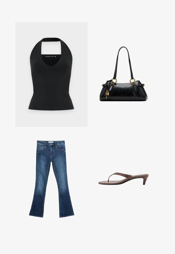 Czarny top na ramiączkach z głębokim dekoltem w kształcie litery V i odkrytymi plecami, wykonany z gładkiego materiału, dopasowany krój, minimalne logo w kontrastowym kolorze.; Dżinsy dzwonowate w średnim odcieniu niebieskiego. Posiadają przednie kieszenie, szlufki na pasek oraz standardowy pas. Widoczne kontrastowe przeszycia.; Brązowe sandały na obcasie w stylu klapek z wąskim paskiem i zaokrąglonym palcem, z małym złotym akcentem na wkładce.; Czarna skórzana torebka o gładkiej fakturze, zaokrąglonym kształcie, złotych akcentach metalowych i podwójnych uchwytach. Posiada dekoracyjny zamek z boku.