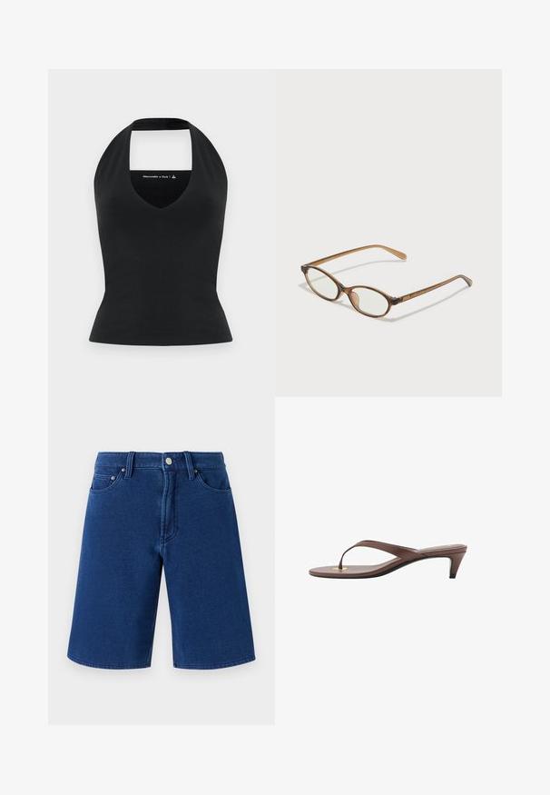 Črna halter majica z globokim V-izrezom in odprtim hrbtom, izdelana iz gladkega materiala, prileganje silhuete, minimalno oblikovanje v kontrastni barvi.; Modri jeansi kratke hlače s ravnim krojem, zasnovo s petimi žepi ter vidnim pasom, ki ima kovinsko gumb in zanke za pas.; Rjava natikača na peto s tankim trakom in zaobljenim prstom, ki ima majhen zlat poudarek na podplatu.; Rjavo želvovina očala z ovalnimi lečami, tankimi ročaji in prosojnimi detajli. Imajo subtilen logo na templetu. Eleganten, lahek dizajn.