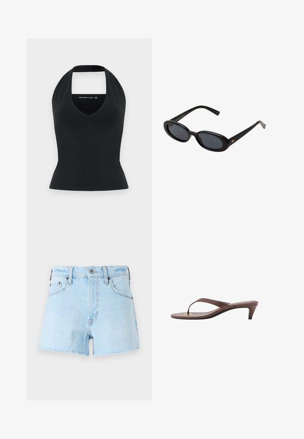 Top nero a collo alto con un profondo scollo a V e schiena scoperta, realizzato in un tessuto liscio, silhouette aderente, branding minimal in un colore a contrasto.; Shorts in denim azzurro chiaro con orlo sfilacciato, dotati di cinque tasche, chiusura con bottone e dettagli cuciti lungo le cuciture.; Infradito con tacco marroni, dotati di una fascia sottile e un puntale arrotondato, con un piccolo dettaglio dorato sulla soletta.; Occhiali da sole neri oversize con lenti ovali, montatura in plastica liscia e accenti dorati sulle tempie. Le lenti scure offrono protezione dal sole.; Borsa nera lucida con una silhouette curva, due manici e una placca logo frontale. Chiusura con zip e dettagli in metallo lucido.