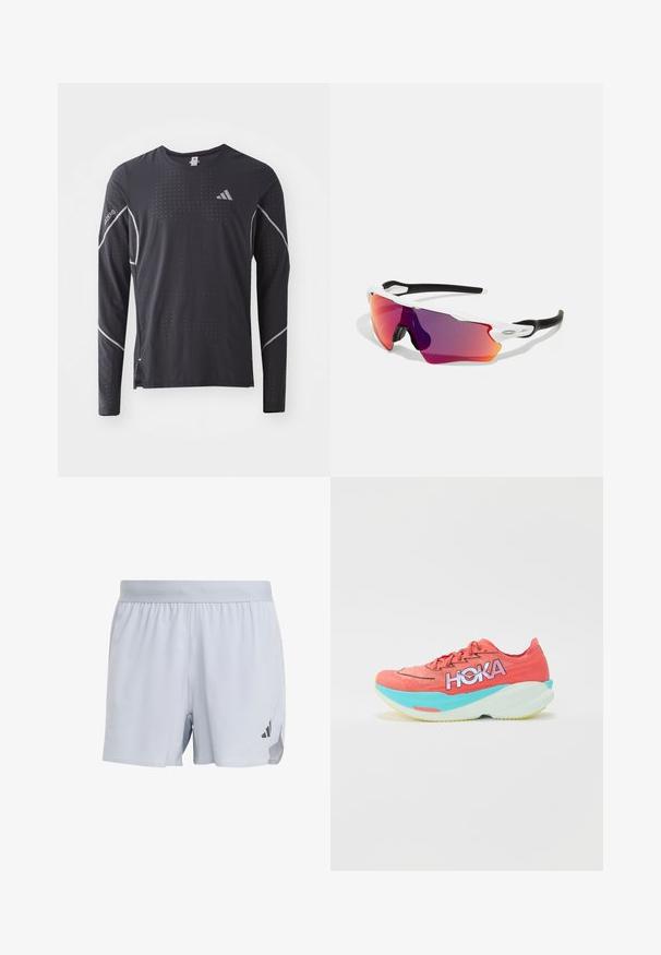 adidas Performance TEE - Long sleeved top - black; Light gray athletic shorts made of breathable fabric, featuring a textured design, elastic waistband, and black logo accent on the side.; Pink HOKA running shoe features a breathable mesh upper, light blue midsole, yellow outsole, and prominent logo on the side.; Sport sunglasses with a white frame, black accents, and a large visor in gradient shades of purple to orange. Features a sleek, aerodynamic design.