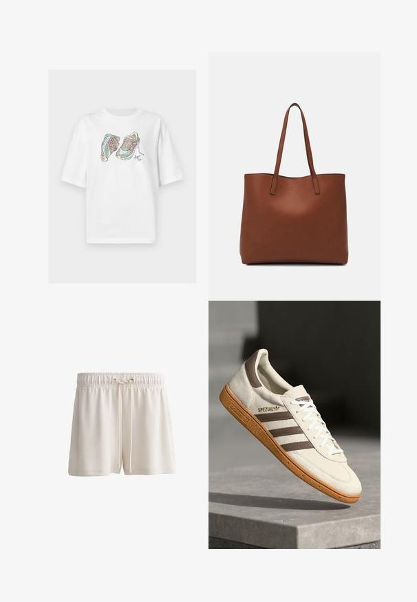 Bijela majica s colorful grafikom dva tenisica s ružičastim i zelenim akcentima, prikazanim u stilu linijskog crteža.; Kratke hlače krem boje izrađene od mekog materijala, s elastičnim pojasom i vezicama te osnovnim dizajnom rubova.; Bijele suede tenisice s smešnim kožnim detaljima, tri smeđe pruge i bele vezice. Imaju teksturiranu gumu kao đon i zlatni "SPEZIAL" logo.; Smeđa kožna torba preko ramena s glatkom teksturom, otvorenim vrhom i dvjema naramenicama. Ima minimalne šavove i nema vidljivog hardvera.