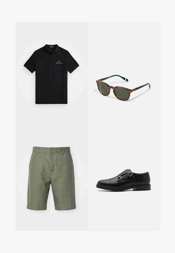 Black polo shirt made of cotton, featuring a classic collar, short sleeves, and a gold embroidered "Ralph Lauren" logo on the chest.; NN.07 CROWN - Shorts - khaki; Black leather dress shoe with double buckle closure, rounded toe, subtle stitching, and a flat, textured rubber sole.; Tortoiseshell sunglasses with green lenses, rounded shape, gold accents, and dark green arms featuring a white stripe.