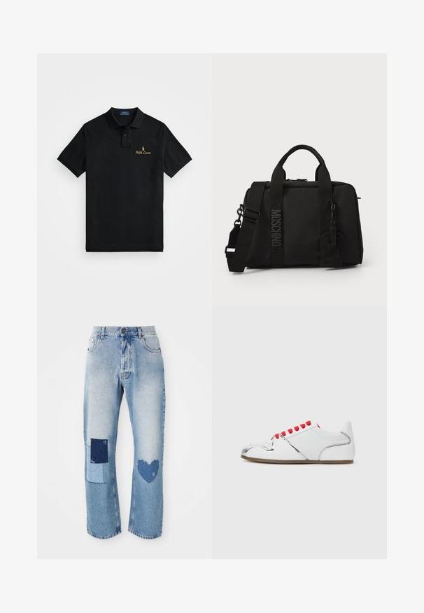 Črna polo majica iz bombaža, z klasik ovratnikom, kratkimi rokavi in zlatim vezenim logotipom "Ralph Lauren" na prsih.; Svijetloplave traperice ravnog kroja, s dva detalja od krpica: jedan kvadratni i jedno srce, oboje u tamnijim nijansama traperice.; Beli copati z sijočim ogledalnim prednjim delom, rdečimi vezalkami in gladkim zgornjim delom, ki vsebuje srebrne detajle ter teksturiran podplat.; Črna tekstilna torba z dvema ročajema in snemljivim naramnim trakom. Ima izbočeno logo in usnjeno oznako. Gladka tekstura, pravokotna oblika.