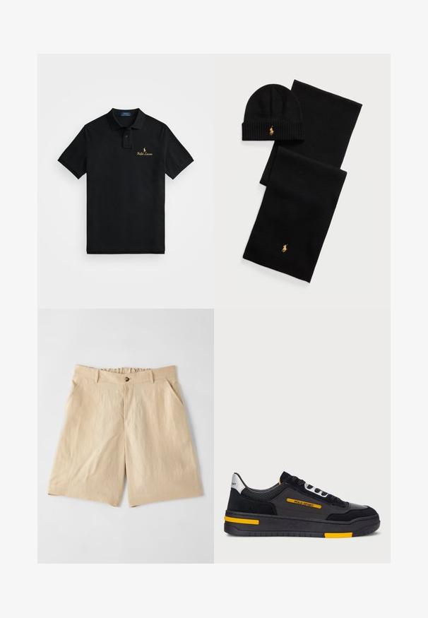 Polo negru din bumbac, cu guler clasic, mâneci scurte și un logo „Ralph Lauren” brodat în aur pe piept.; Paul Smith Pantaloni scurți - sand; Adidași negri cu un superior din suede și plasă, accente galbene și o talpă groasă neagră. Închidere cu șireturi și branding "POLO SPORT" pe lateral.; Set de căciulă și eșarfă tricotate negre. Prezintă o textură ribbed și accente cu logo aurii. Material moale cu un design elegant, potrivit pentru vreme rece.