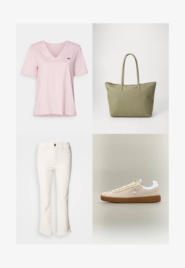 T-shirt en coton rose clair avec un col en V et des manches courtes, arborant un petit logo de crocodile brodé en vert sur la poitrine gauche.; Jean blanc, raccourci avec un bas évasé. Comprend une fermeture à bouton, des poches avant et un détail d'ourlet légèrement effiloché. Tissu en denim.; Baskets en daim beige avec accents blancs et semelle en caoutchouc. Présentent un logo en relief sur le côté et des lacets beiges contrastants. Design classique.; Lacoste Cabas - kaki