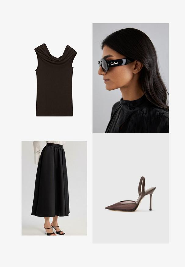Ciemnobrązowy top bez rękawów z drapowaną szyją i gładką fakturą, zaprojektowany w dopasowanym kroju i minimalistycznym stylu.; Czarna długa spódnica z gładkiego materiału, z marszczonym pasem i swobodnym krojem, w połączeniu z czarnymi sandałami na cienkich obcasach.; Brązowe sandały na wysokim obcasie z wąskim noskiem i siateczkowym wykończeniem. Posiada cienki obcas i otwartą sekcję po bokach.; Czarne okulary przeciwsłoneczne z okrągłymi soczewkami i odważnymi, kanciastymi oprawkami, na boku z białym napisem "Chloé". Gładkie, błyszczące wykończenie.; Złoty prostokątny zegarek na nadgarstek z białą tarczą, srebrnymi znacznikami godzin i wytrzymałym metalowym bransoletą. Wbudowana funkcja wodoodporna.