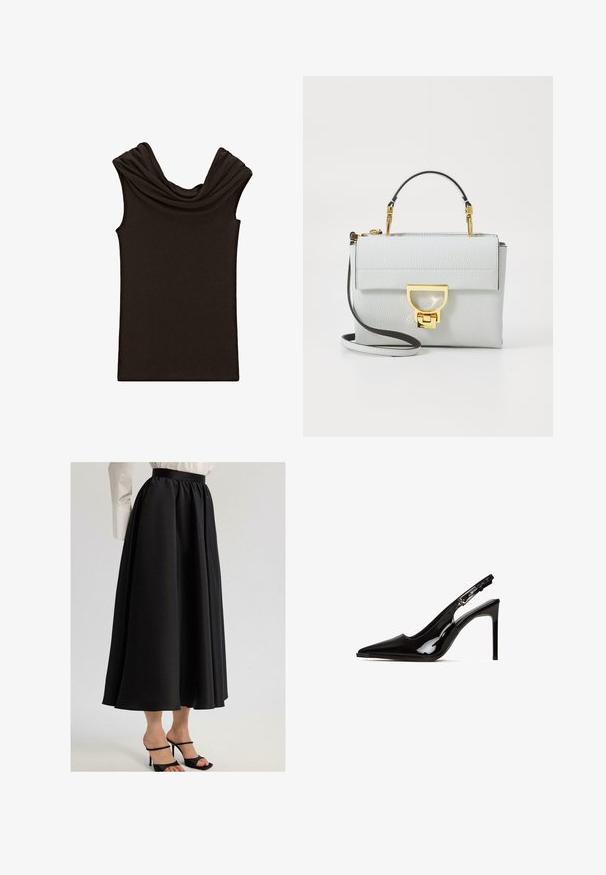 Donkerbruine mouwloze top met een gedrapeerde kraag en een gladde textuur, ontworpen met een fitted vorm en een minimalistische stijl.; Zwarte maxi-rok van gladde stof, met een geraffineerde tailleband en vloeiende uitstraling, gecombineerd met zwarte sandaaltjes met bandjes.; Zwarte lakleren slingback hakken met een puntige neus en een stilettokant. Kenmerkt zich door een uitsnijd ontwerp en een verstelbare band met metallic hardware.; Lichtgrijze gestructureerde handtas van nabij leer. Voorzien van een goudkleurige sluiting, een afneembare schouderriem en een korte handgreep.; Vierkante metalen horloge met een zilveren en goude schakelarmband. Witte wijzerplaat met gouden indexen en wijzers. Merknaam op de 12-uur-positie.